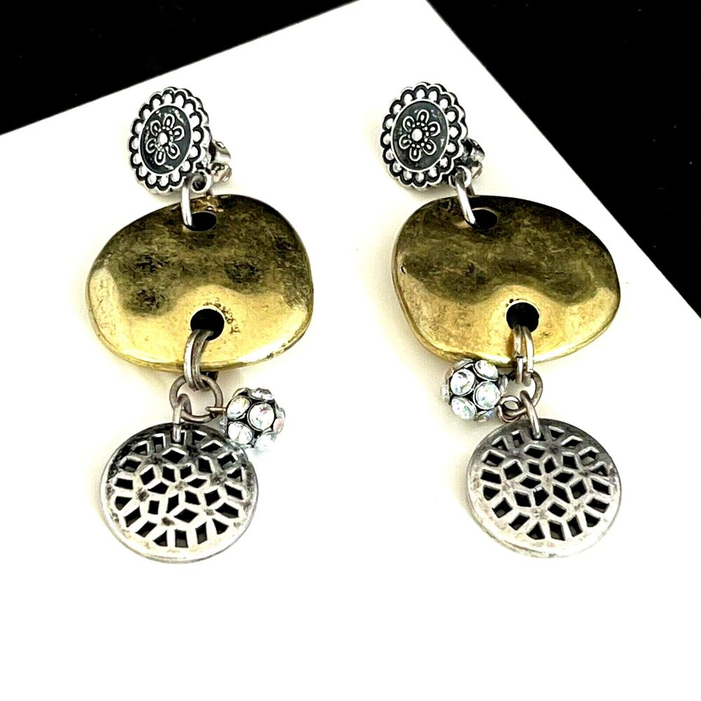 Vintage 1980s Earrings Antique Silver Gold Crystals Hammered Tone Clip On - 6H